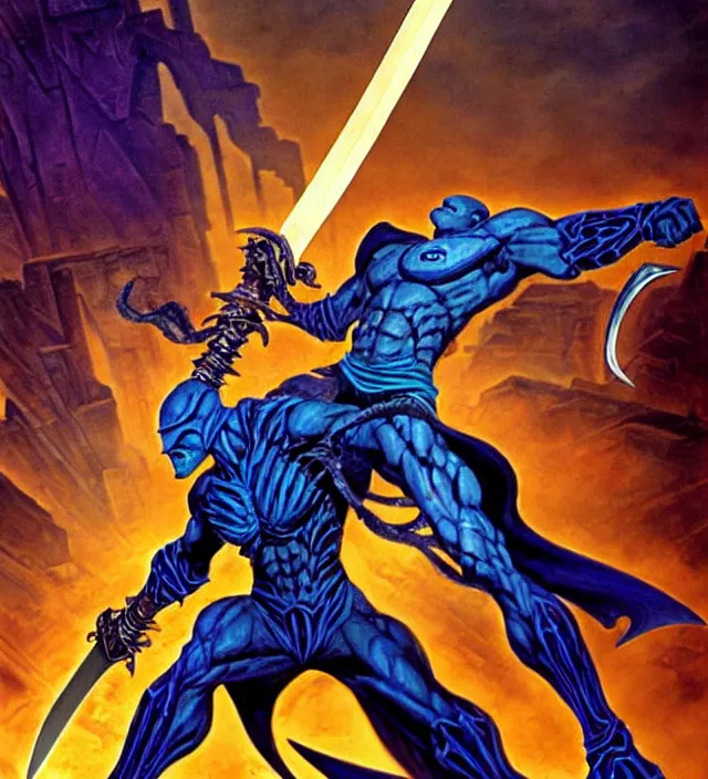 Image similar to raziel from soul reaver holding the physichal sword battling against kain, with the pillars of nosgoth on the background, syd mead and mark brooks, female, feminine, futurism, intricate linework, colors by frank frazetta