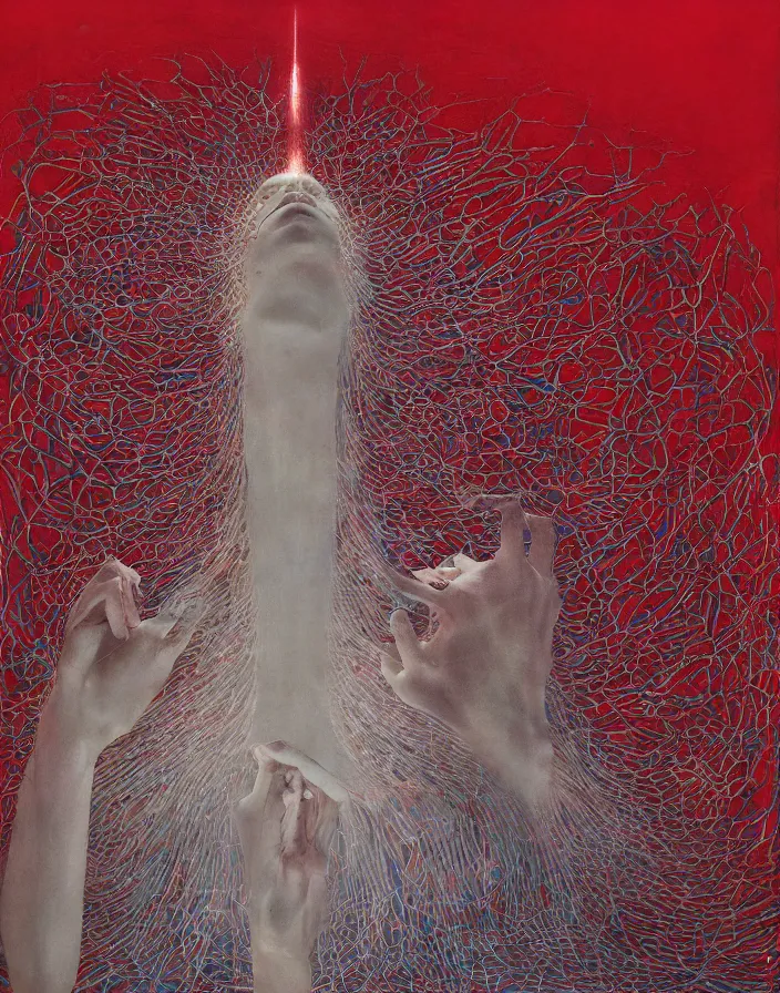 Image similar to worshippers in red robes holding a very large crystal tesseract radiating white light, interior of a small room, glowing crystal tesseract, beksinski painting, part by adrian ghenie and gerhard richter. art by takato yamamoto. masterpiece, deep colours