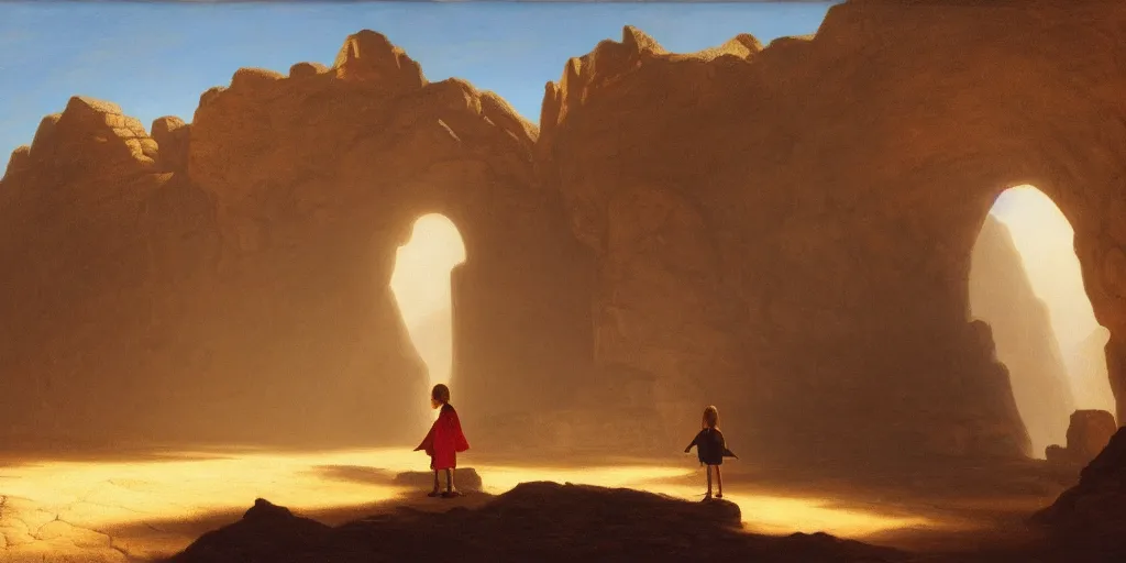 Image similar to a young girl stands next to a rock giant, shadow of the colossus, in front of a temple, in a large desert cave, dramatic lighting, hudson river school