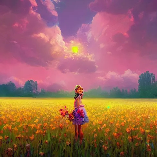 Image similar to large flower head, girl floating in a flower field, surreal photography, sunrise dramatic light, impressionist painting, colorful clouds, digital painting, artstation, simon stalenhag