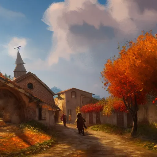 Image similar to high quality concept art from a historical fiction video game set in italy, a village in autumn, beautiful oil painting, concept art, trending on ArtStation, 4K HD, 35mm f/5.0