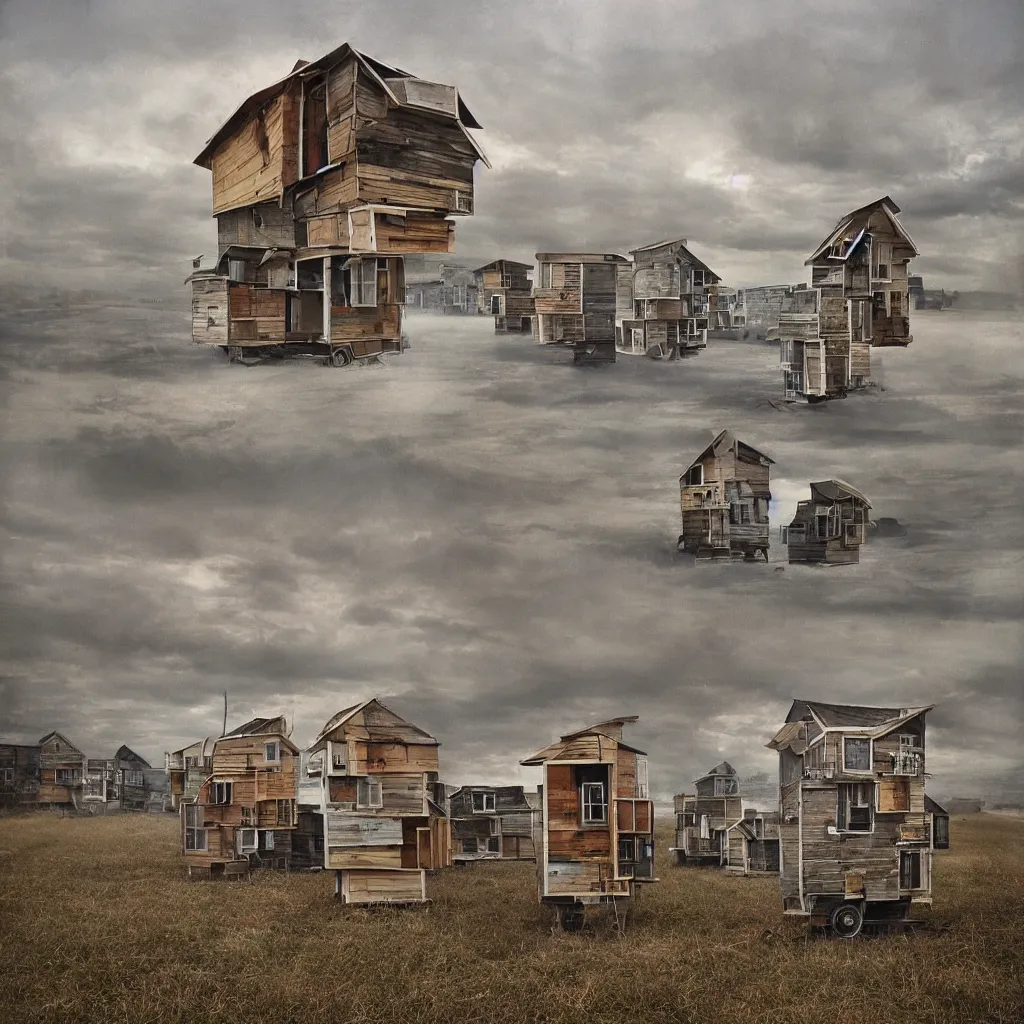 Prompt: towers made up of stacked makeshift squatter shacks with faded colours suspended over a quagmire, plain uniform sky at the back, misty, mamiya, ultra sharp, very detailed, photographed by julie blackmon, cristina de middel and john chiara