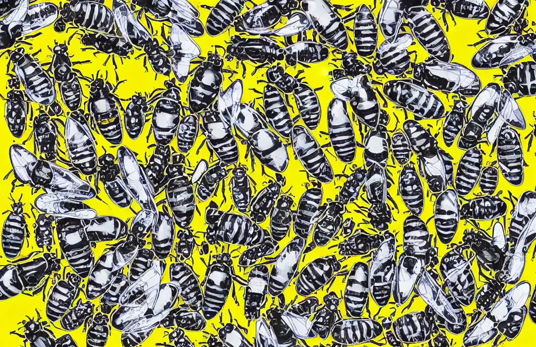 Prompt: pop art collage of mechanical bees, style of Andy Warhol