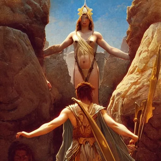 Image similar to Birth of Athena from the head of Zeus, hyperrealism, no blur, 4k resolution, ultra detailed, style of Greg Rutkowski, Carlos Schwabe, Dragan Bibin, Carl Spitzweg, Georges Desvallières, Tyler Edlin, Frank Frazetta