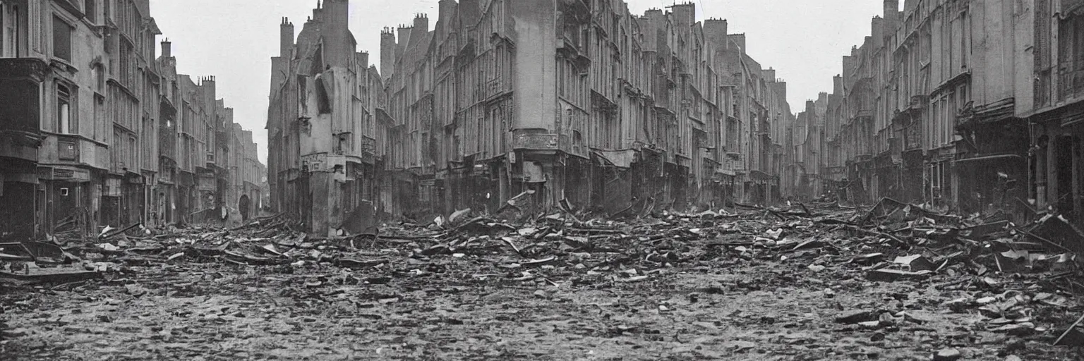 Image similar to a colour photo of the street of saint - malo after being bombed in 1 9 4 5 at night