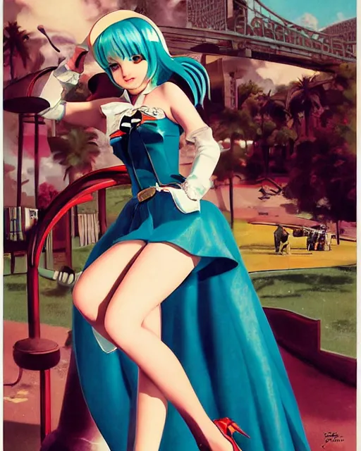 Prompt: Hatsune Miku full body pin up modeling in idol unioform, with a park in the back ground, post war style, detailed face, american postcard art style, by Gil Elvgren, Julie Bell, Anna Dittmann and Greg Hildebrandt