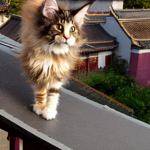 Image similar to a cute maine coon cat walking on the roof of acient chinese in the morning, arcane style