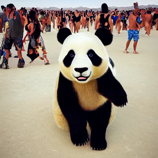 Prompt: a panda walking around a busy playa at burning man