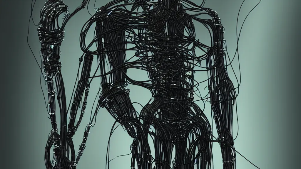 Image similar to a realistic human android character with long needle fingers and cables connecting to him, dark industrial background, featured on artstation, cinematic, elegant, intricate