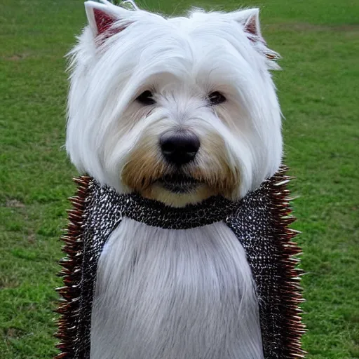 Prompt: “ iron bark, the superhero west highland terrier, clad in iron spiky armor ”