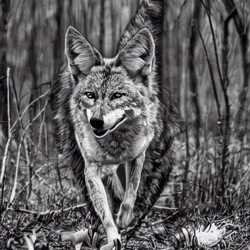 Prompt: black and white trailcam footage of native weird distorted human body Skinwalker transforming into a coyote