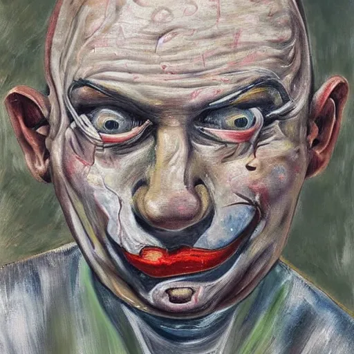 Prompt: a sweaty bald worried brow clown face in the style of lucien freud, painting, auction