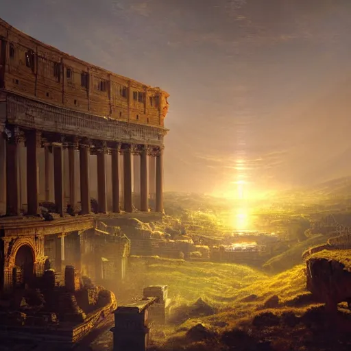 Prompt: Glowing bright UFO at the fall of ancient Rome , by Greg Rutkowski and Thomas Kinkade and Thomas Cole, trending on artstation 4k, volumetric dramatic lighting, intense.