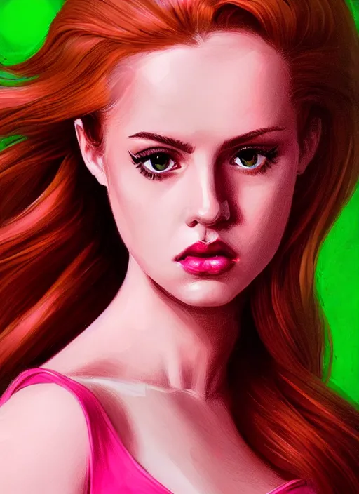 Image similar to full body portrait of teenage cheryl blossom, bangs, green eyes, sultry expression, red hair, sultry smirk, bangs and wavy hair, pink skirt, intricate, elegant, glowing lights, highly detailed, digital painting, artstation, concept art, smooth, sharp focus, illustration, art by wlop, mars ravelo and greg rutkowski