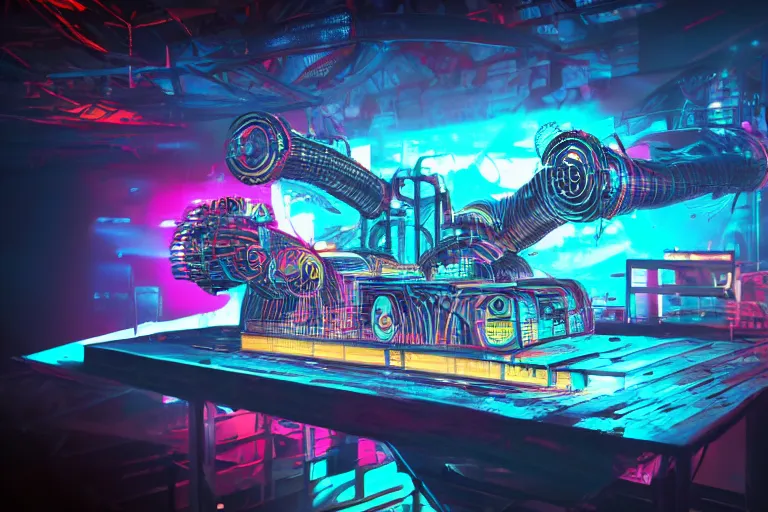 Image similar to photo of a concert ticket on a table, bandname is tripmachine, tour is invasion of the tripmachines, realistic digital art, 3 d render of a huge futuristic steampunk generator, 8 k, fluorescent colors, halluzinogenic, multicolored, exaggerated detailed, unreal engine