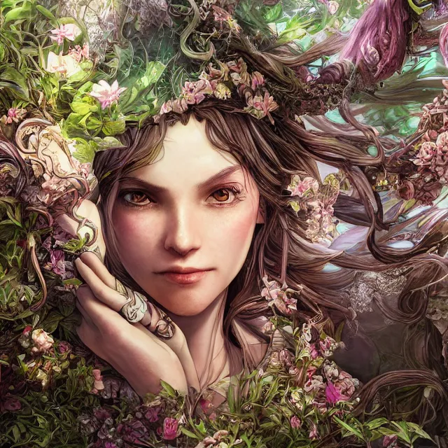 Image similar to the portrait of chaotic good female druid botanist as absurdly beautiful, gorgeous, elegant, young gravure idol, an ultrafine hyperdetailed illustration by kim jung gi, irakli nadar, intricate linework, sharp focus, bright colors, octopath traveler, final fantasy, unreal engine 5 highly rendered, global illumination, radiant light, detailed and intricate environment