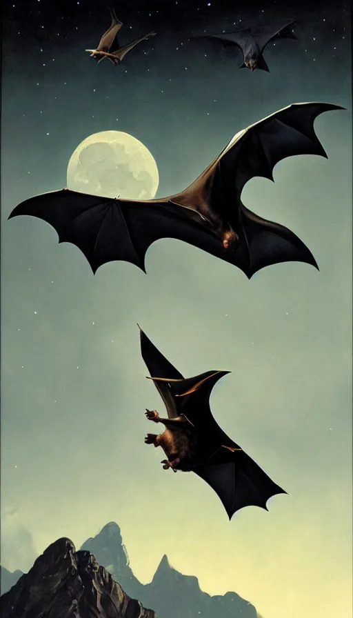 Image similar to hyper realistic white fruit bat, flying against a dark black night sky, mountain in the background, moonlight, denoised, very detailed, painted by, norman rockwell, tom bagshaw