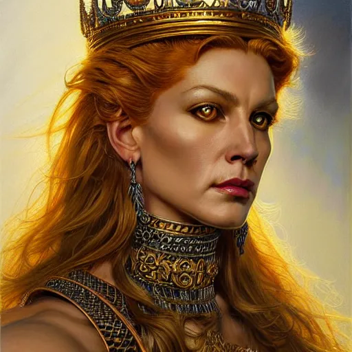 Prompt: highly detailed portrait of a majestic lioness queen in the form of a beautiful woman. d & d. art by donato giancola, brian bolland, ruan jia, alberto vargas. trending on artstation, intricate details, energetic composition, golden ratio, concept art, illustration, elegant art, global illuminaition