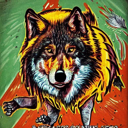 Image similar to portrait of retarded wolf, retard, rabies propaganda style, vivid colors, detailed