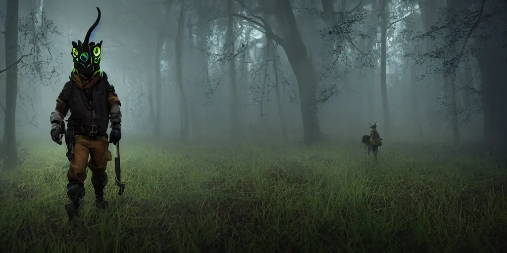 Image similar to a beautifully strange image of a gamekeeper wearing a dieselpunk mechanical fluorescent mystical animal mask with a melee weapon. walking in the misty swamp. in style of fornite game. award winning. dramatic. trending on artstation. high quality. rendered by beeple, digital art, unreal engine 5, fornite game. octane render