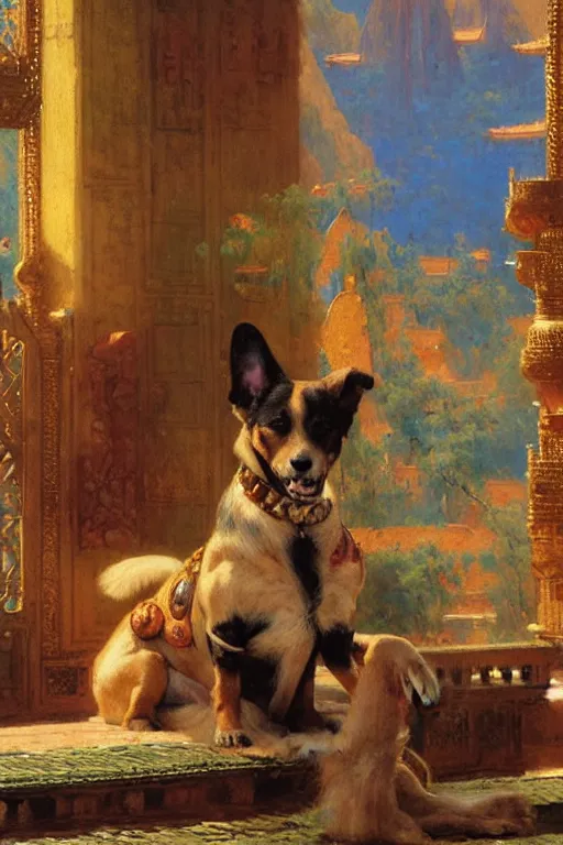 Image similar to A dog sitting in an asian palace, painting by Gaston Bussiere, Craig Mullins