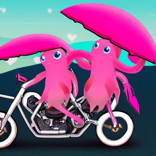 Image similar to pink female Squid creatures riding a motorcycle