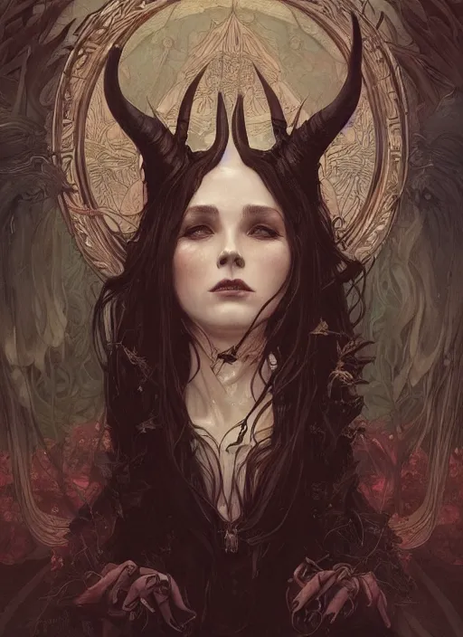 Image similar to a beautiful illustration of a satanic witch with horns in head, intricate, sharp focus, illustration, highly detailed, digital painting, concept art, matte, art by wlop and artgerm and greg rutkowski and alphonse mucha, masterpiece