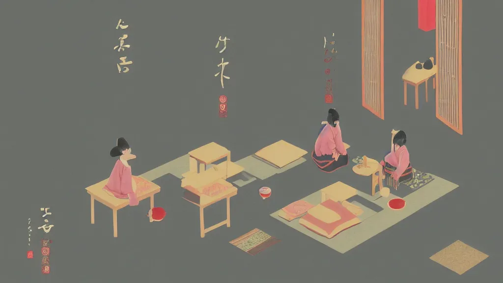 Image similar to a small tea ceremony, japan, a collage painting, in the style of wes anderson, lola dupre, david hockney, isolated on negative white space background dark monochrome neon spraypaint accents volumetric octane render