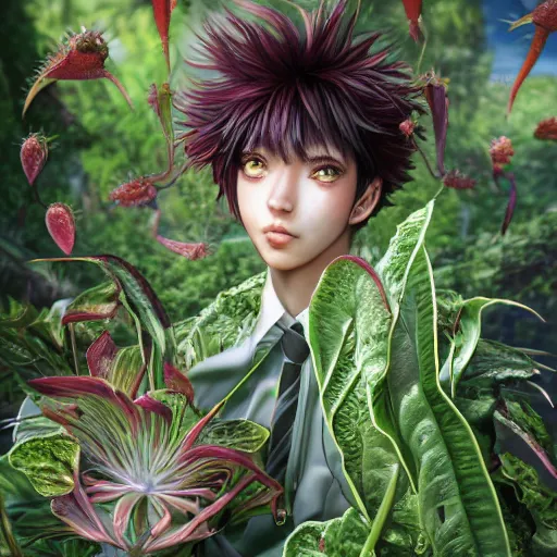 Prompt: the portrait of a beautiful, elegant, succulent venus flytrap man, hyperrealistic anime illustration by iralki nadar, reflective eyes, extremely detailed intricate linework, normal eyes, smooth, super sharp focus, bright colors, high contrast, matte, octopath traveler, unreal engine 5 highly rendered, global illumination, radiant light, 8 k