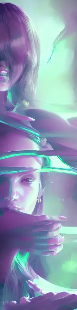 Image similar to SIP TECH sharp focus, intricate, elegant, digital painting, artstation, matte, highly detailed, concept art, illustration, volumetric lighting, purple green color scheme, art by Ilya Kuvshinov, artgerm