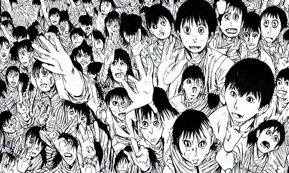 Prompt: a manga drawing of a group of people forming a cave with their bodies by Junji Ito