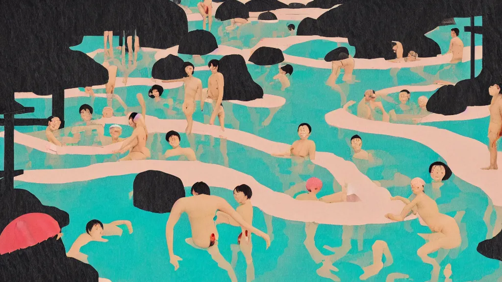 Prompt: japan natural hot spring, a collage painting, in the style of wes anderson, lola dupre, david hockney, isolated on negative white space background dark monochrome neon spraypaint accents volumetric octane render