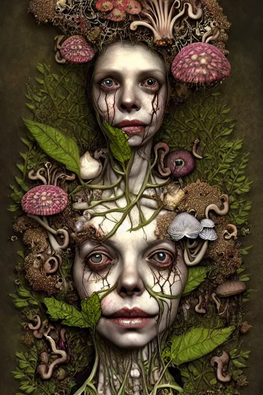 Prompt: very sad and detailed rotten woman corpse with fractal plants and fractal flowers and mushrooms growing around, face muscles, veins, arteries, intricate, ornate, surreal, ray caesar, john constable, guy denning, dan hillier