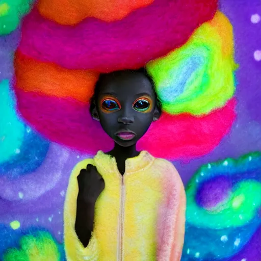 Image similar to a black girl with a colorful afro and rainbow eyes, in a candy forest! at night, bokeh, bright colours, watercolor, volumetric wool felting, macro photography, children illustration, by goro fujita