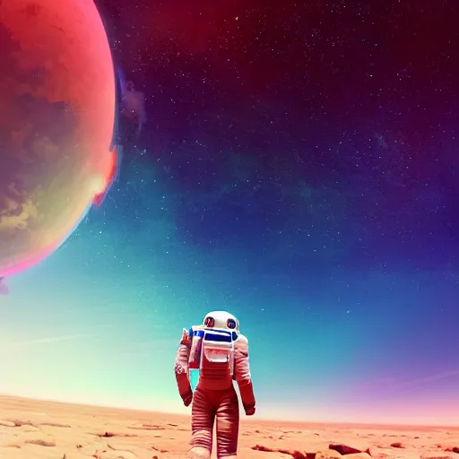 Image similar to A wide angle shot from below of a female astronaut with a feminine body walking with swagger towards camera on mars in an infinite universe , synthwave digital art