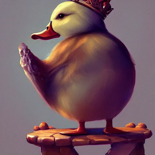Image similar to A duck wearing a crown, snide expression on his face, sitting on a throne, digital art, artstation, Mandy Jurgens, CGSociety, WLOP