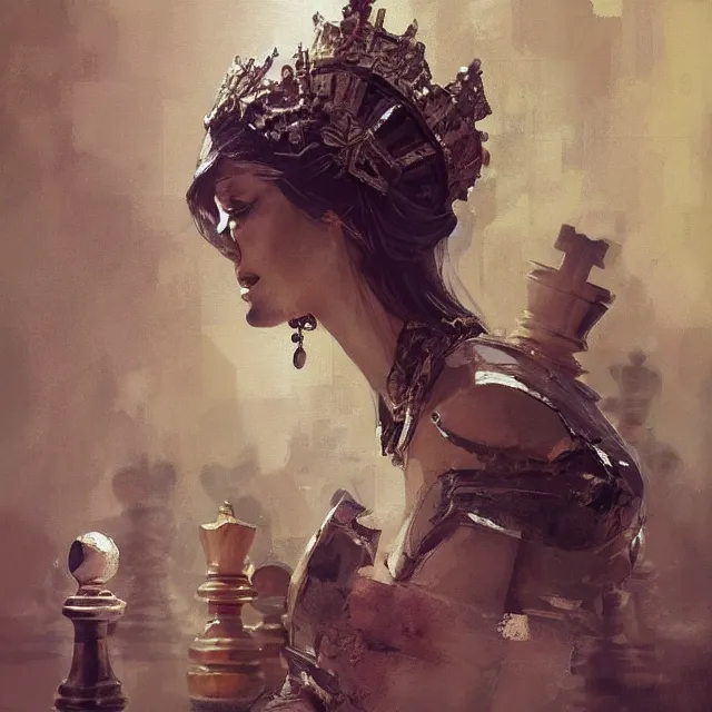 Image similar to a painting of a queen in a chess board by greg rutkowski, dark fantasy art, high detail, trending on artstation