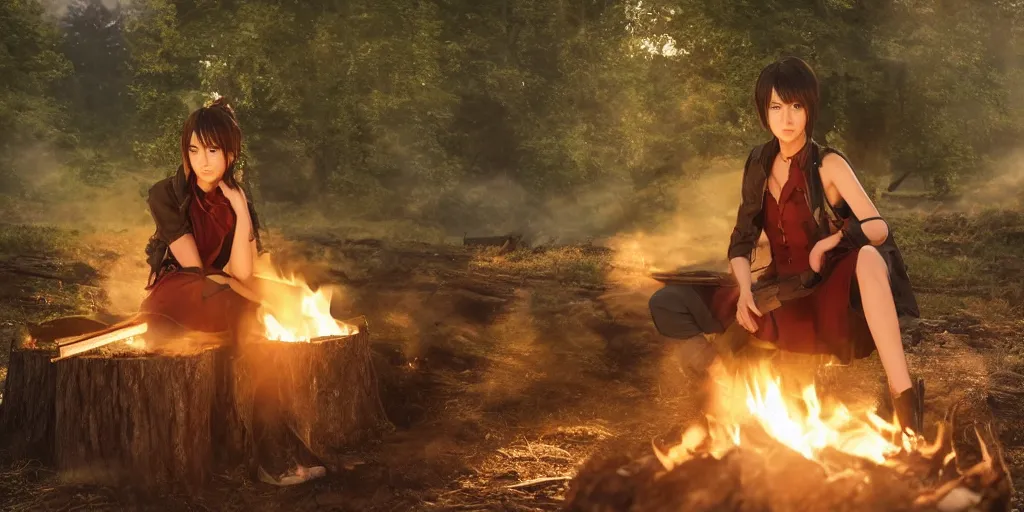 Prompt: A girl from Final Fantasy live action, with short black hair and green eyes in a tan trenchcoat sitting on a log and drinking tea by the campfire by her motorcycle at night under the stars, elegant scene, beautiful landscape in the background, wide angle, cinematic lighting, atmospheric, ultrarealistic, trending on artstation, cgsociety, highly detailed, color graded, in the style of craig mullins, rendered in Unreal Engine 4k HQ, horizon forbidden west