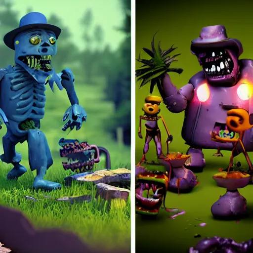 Image similar to “concept art of zombie, style of five nights at Freddy’s + clash royale + plants vs zombies, octane render”