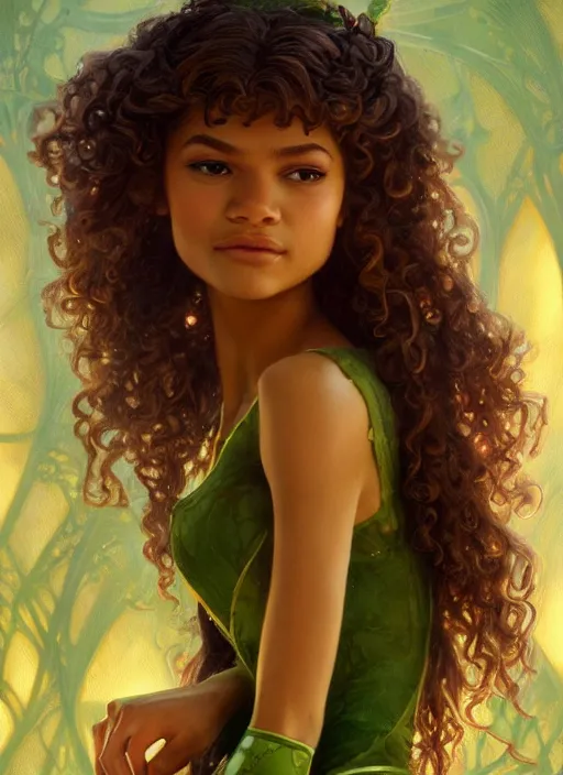 Image similar to beautiful young zendaya as tiana princess, closeup, d & d, fantasy, intricate, elegant, highly detailed, digital painting, artstation, concept art, matte, sharp focus, illustration, art by artgerm and greg rutkowski and alphonse mucha