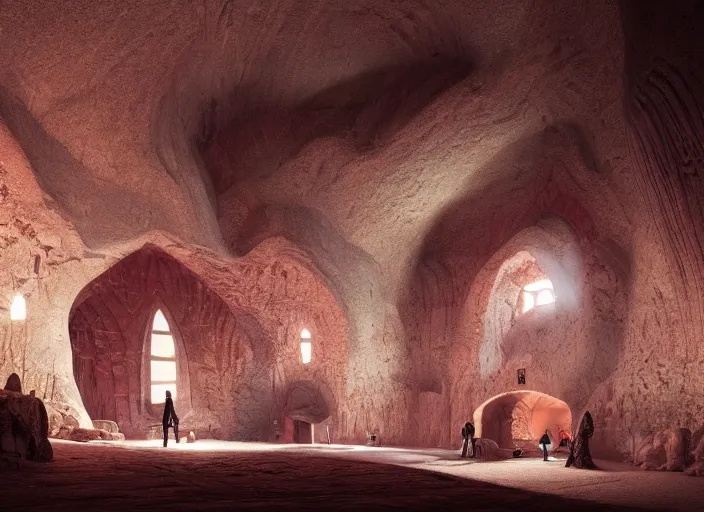 Image similar to a mosque inside a cave, red iranian mat, holy by caspar david friedrich by james gilleard and justin gerard, artstation, smooth, sharp focus, by jean baptiste, octane render