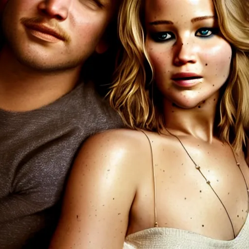 Image similar to beautiful serene intricate portrait of jennifer lawrence and jennifer lawrence, smiling softly, wearing casual clothes, relaxing on the couch, interior lighting, peaceful living room interior, soft focus, 8 k, art by irakli nadar, hyperrealism, hyperdetailed, ultra realistic