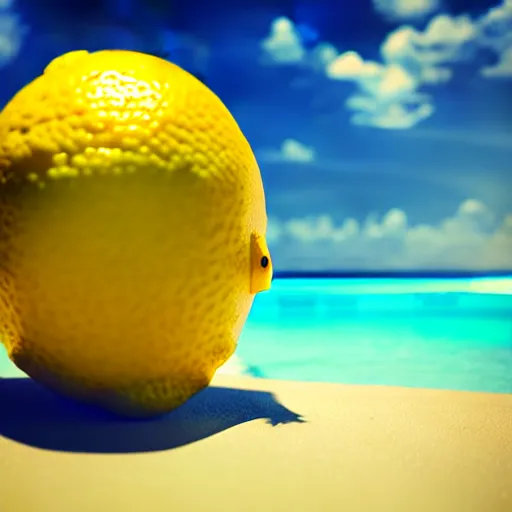 Image similar to anthromorphic robotic lemon relaxing in a beach, photorealistic 3 d octane render, unreal engine