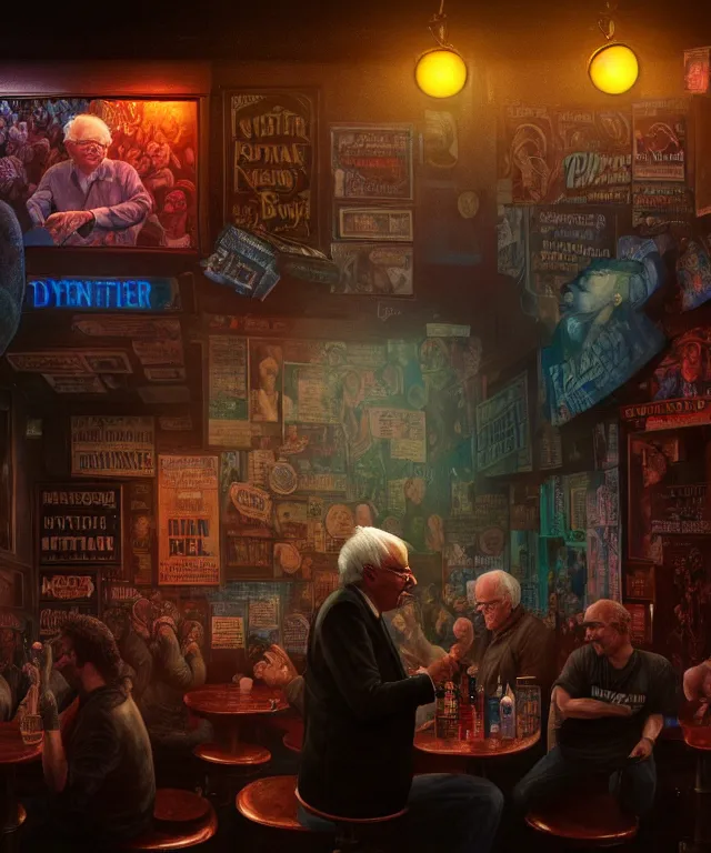 Prompt: hyperrealistic mixed media painting of Bernie Sanders as a crazy drunk, dimly lit dive bar, stunning 3d render inspired art by P. Craig Russell and Barry Windsor-Smith + perfect facial symmetry + dim volumetric lighting, 8k octane beautifully detailed render, post-processing, extremely hyperdetailed, intricate, epic composition, grim yet sparkling atmosphere, cinematic lighting + masterpiece, trending on artstation, very very detailed, masterpiece, stunning