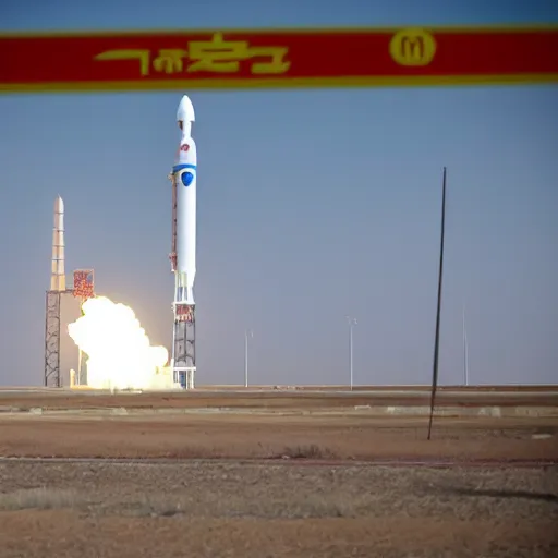 Prompt: a banana rocket on launch pad at jiuquan satellite launch center ( jslc )