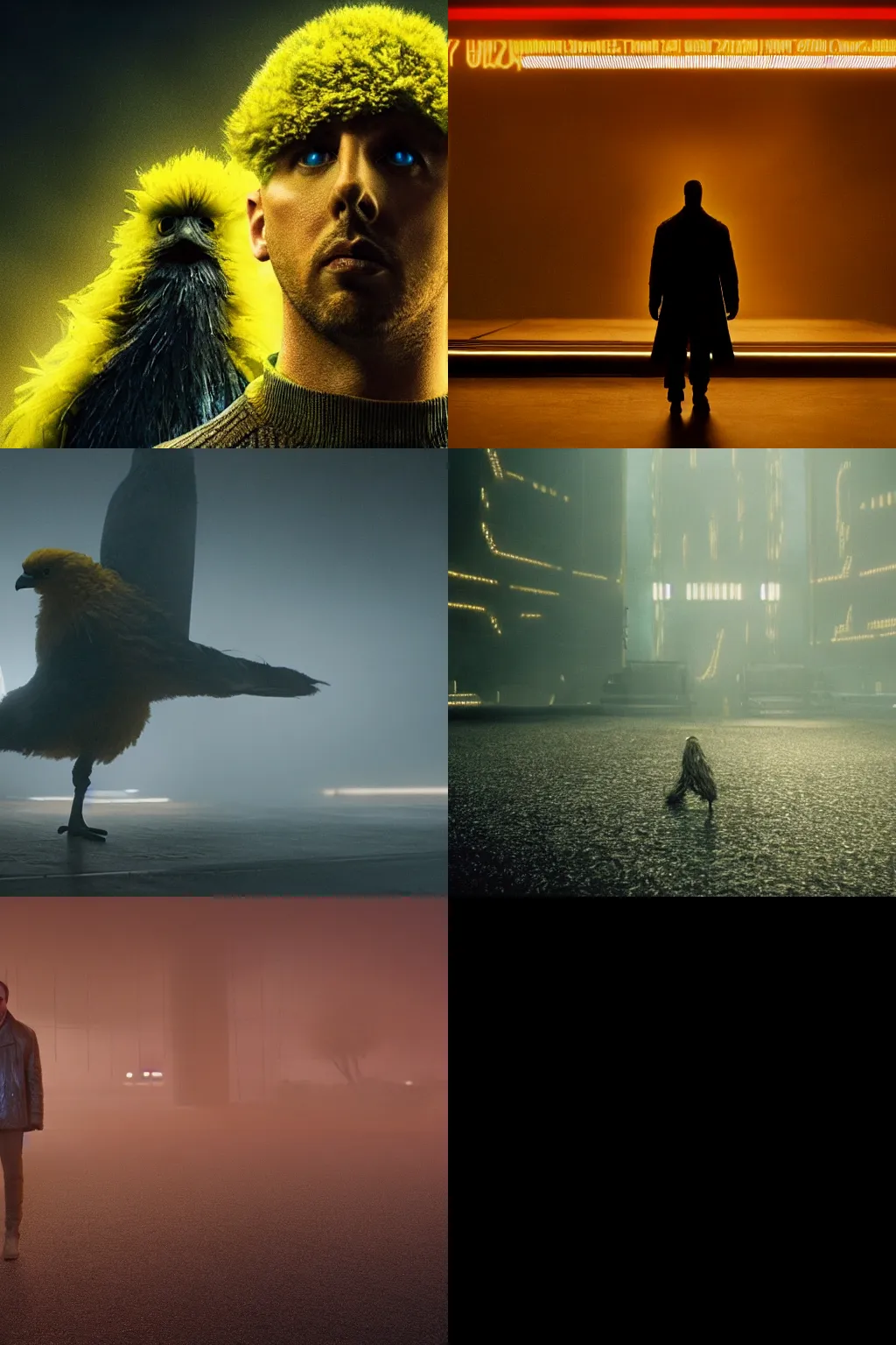 Prompt: A film still of yellow-feathered Big Bird from the movie Blade Runner 2049 (2017)