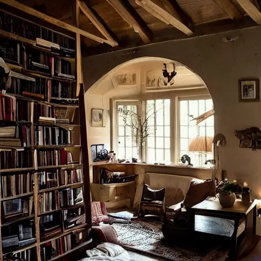 Image similar to cosy house interior with a lot of book everywhere, beautiful lighting, weird atmosphere