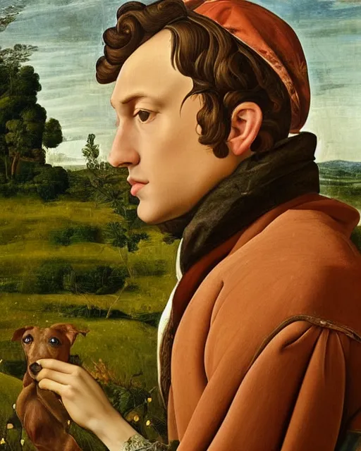 Prompt: beautiful close - up, oil on canvas, portrait of beautiful young man in hunting clothes of 1 7 th century with a greyhound!! dog, autumn field, cinematic lighting, highly detailed, digital art, renaissance painting, by botticelli, by rutkowsky
