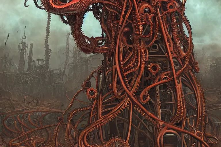 Prompt: lovecraftian biomechanical machine - tower with fleshy tendrils and eyeball at top overlooking dystopian wasteland, highly detailed, colorful with red hues