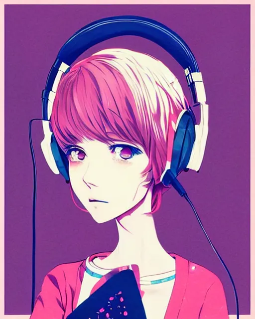 Prompt: girl wearing headphones, city background, very anime!!! anime!! intricate details, pleasing pastel colors, poster background, art by conrad roset and ilya kuvshinov